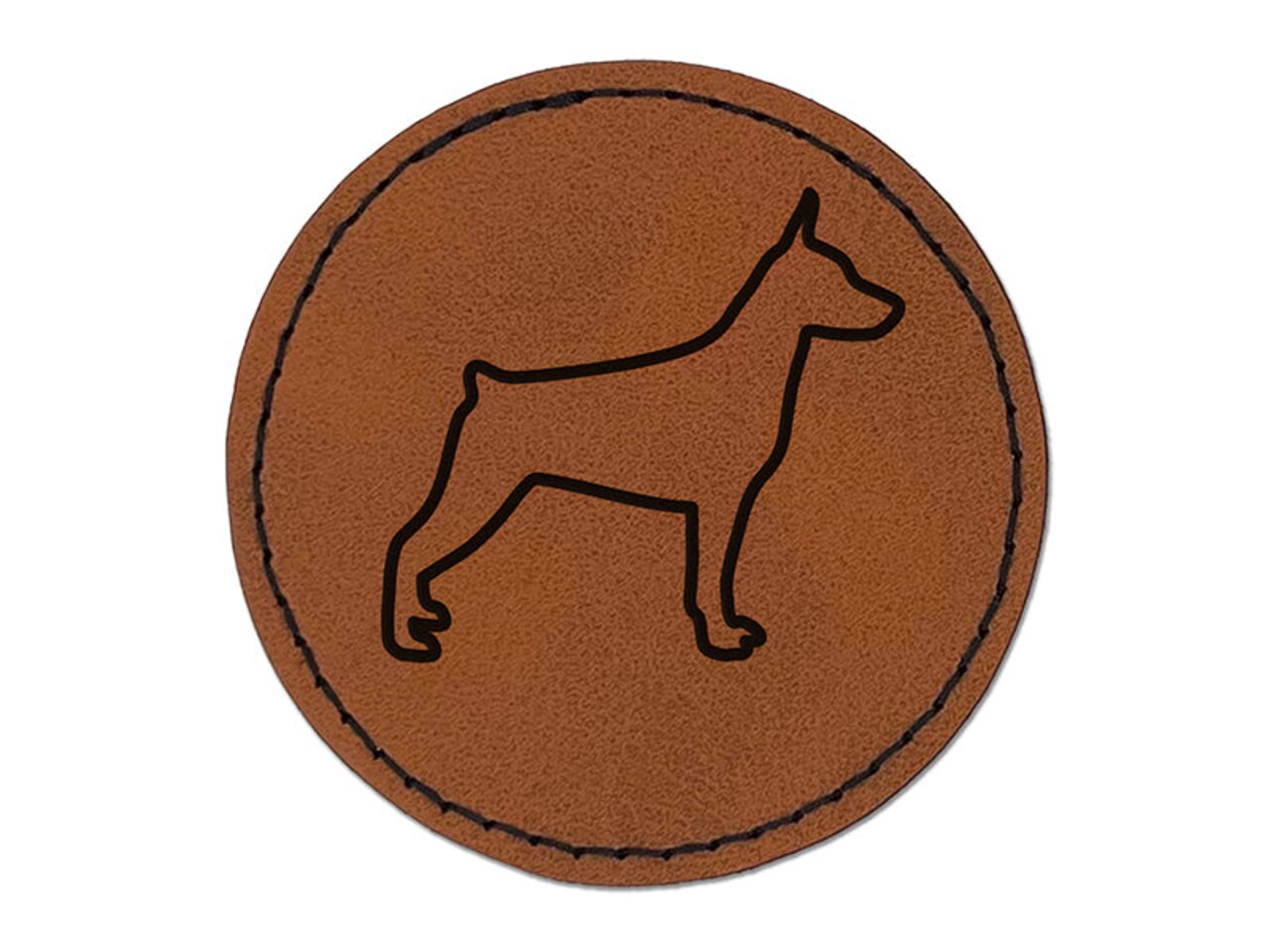 Miniature Pinscher Min Pin Dog Outline Round Iron-On Engraved Faux Leather Patch Applique - 2.5"